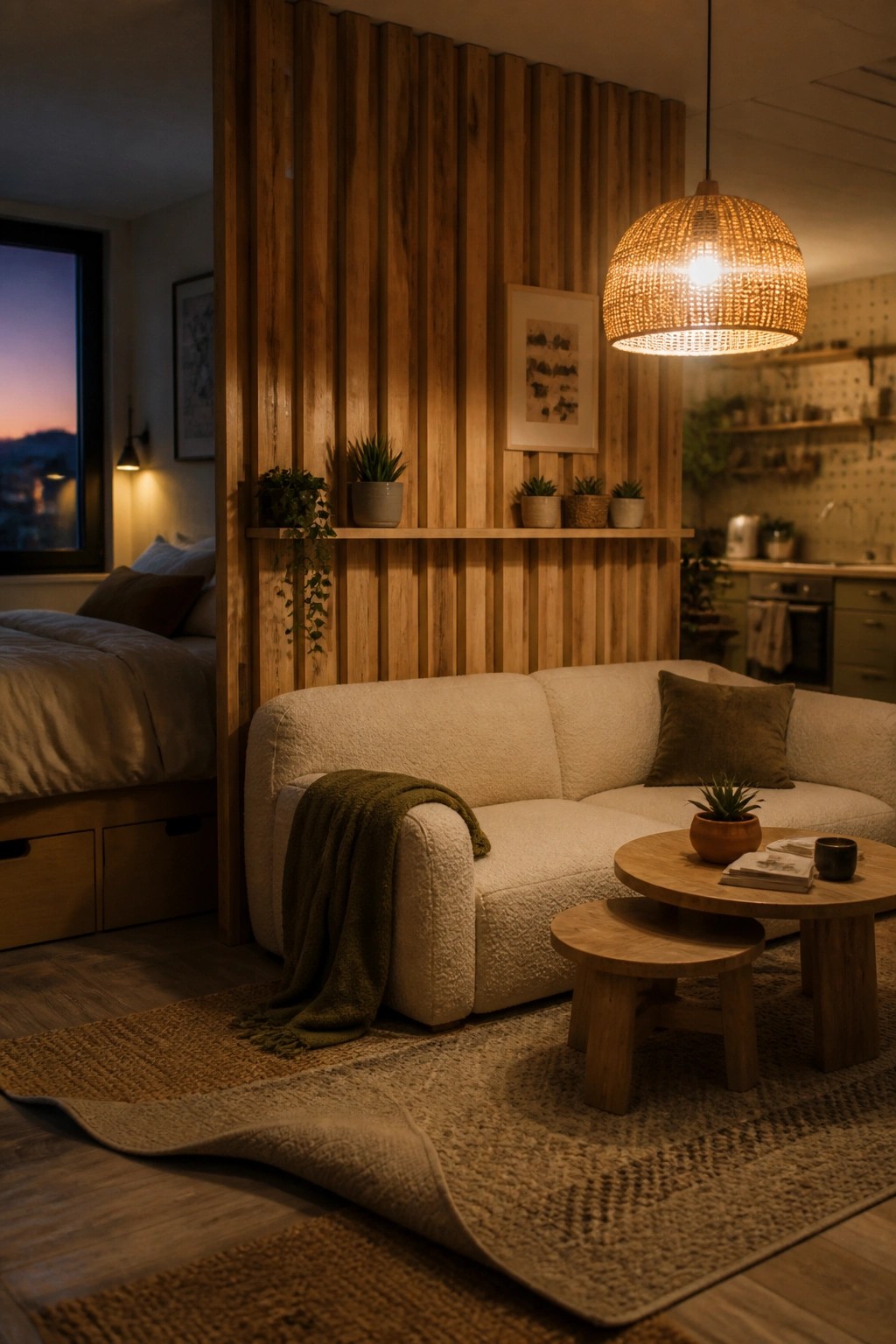 Interior view of a living space with a white sofa in front of a vertical wood slat wall, a round wooden coffee table on a woven rug, and a bedroom area visible through an opening on the left.