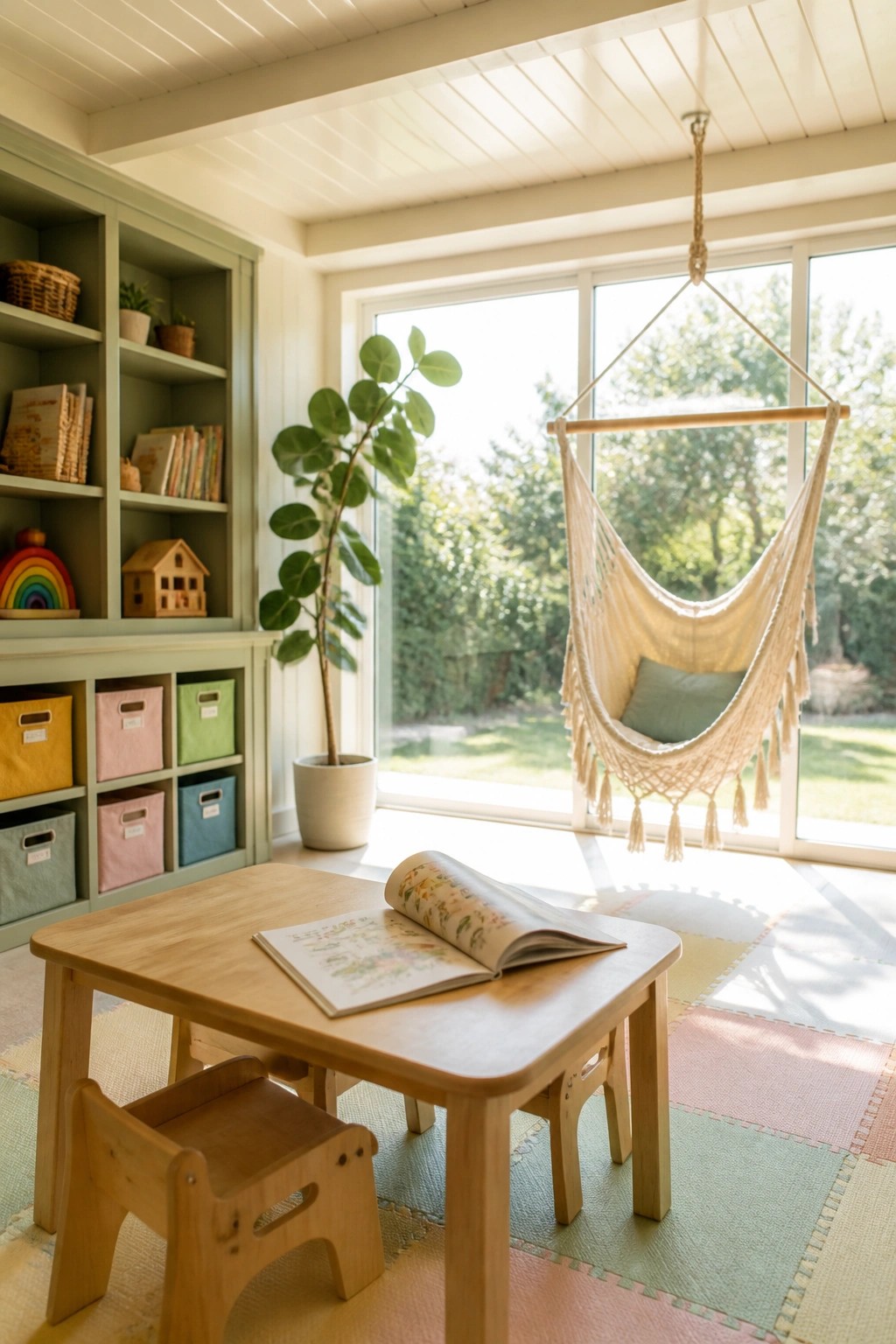 A bright sunroom with a white wood plank ceiling, sage green built-in shelves filled with books and toys, a small wooden table holding an open book, a potted plant, and a hanging macrame hammock chair next to large windows.