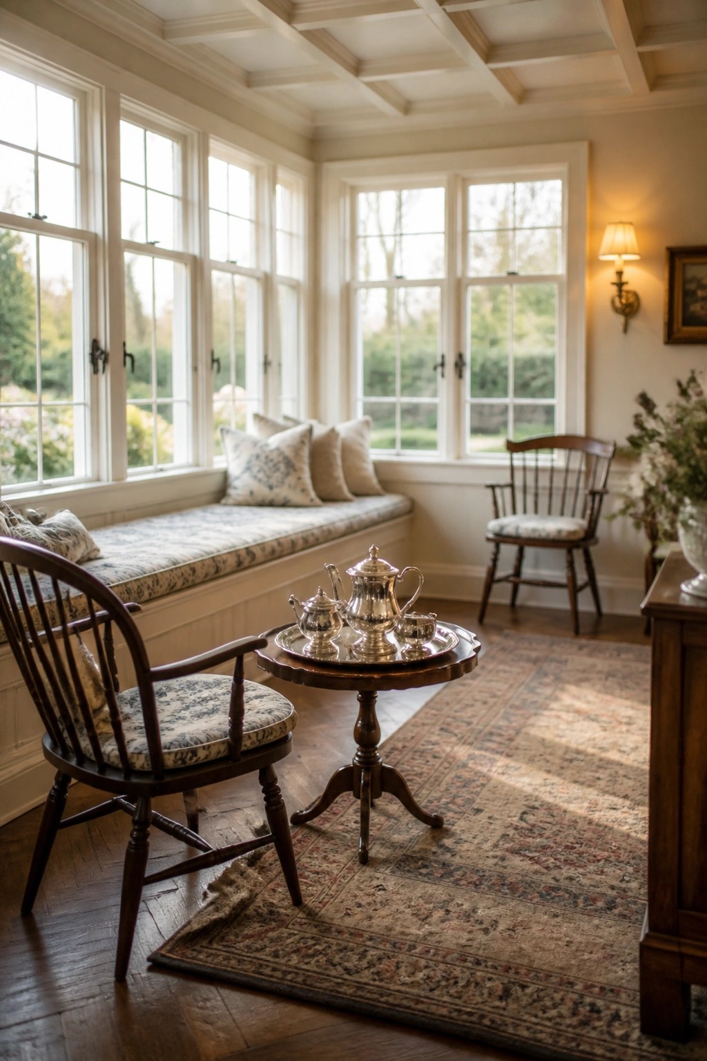 A sunroom interior with a coffered wood ceiling, large multi-paned windows, a window seat with cushions, wooden chairs, and a small table holding a silver tea set on a patterned rug.