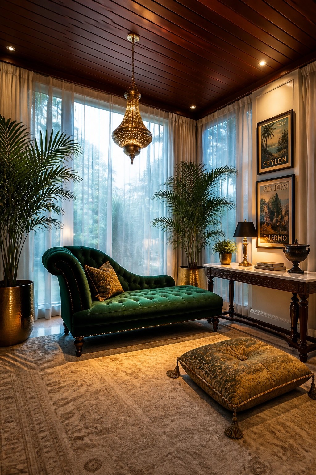 Luxurious room with green velvet chaise, golden chandelier, palm plants, and vintage posters.
