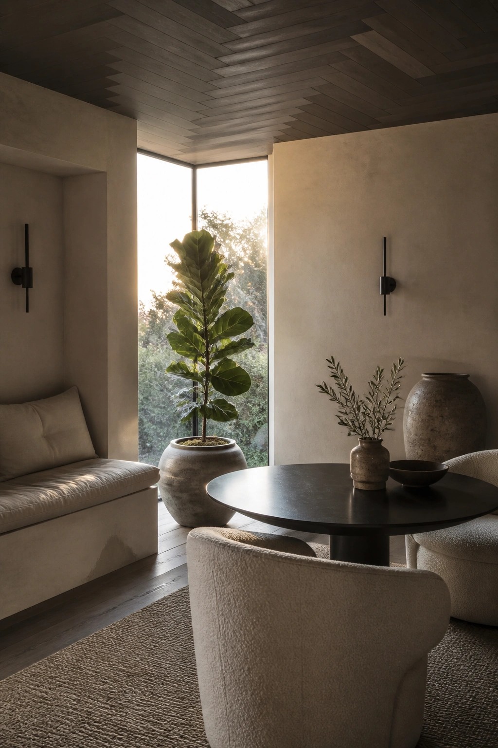 A sunroom interior with a dark wood ceiling, large corner windows, a potted fiddle leaf fig, a round black table, and upholstered chairs.