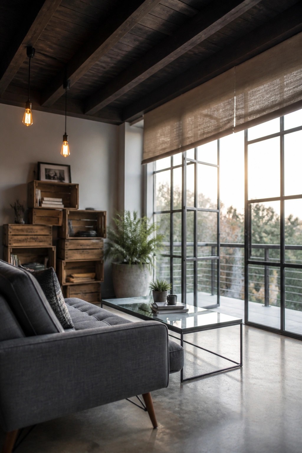 A living room with a gray sofa, glass coffee table, and large windows beneath a dark wood beamed ceiling.