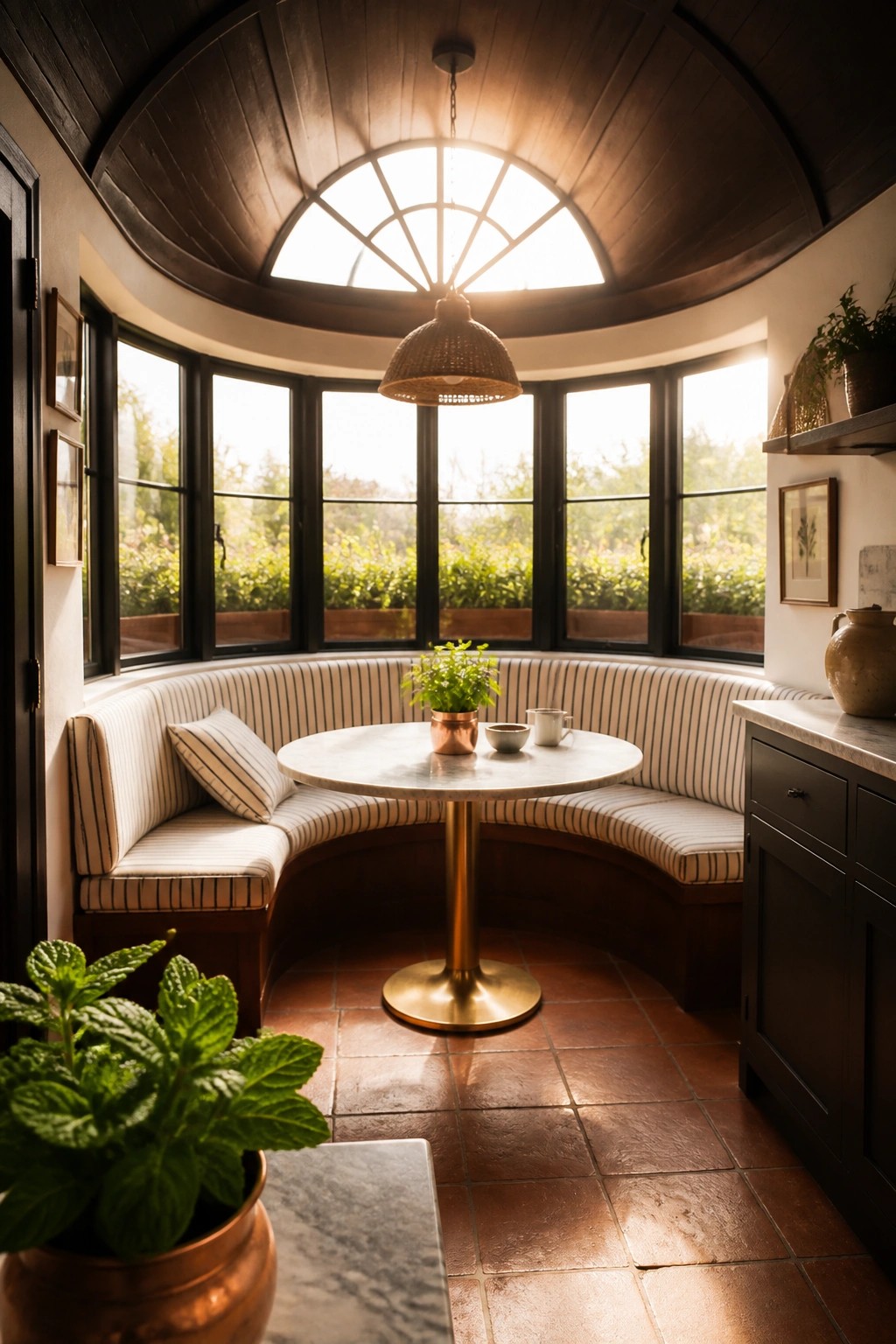 Sunroom interior with dark curved wood ceiling, large arched skylight, curved built-in bench seating, round table, and terracotta tile floor.