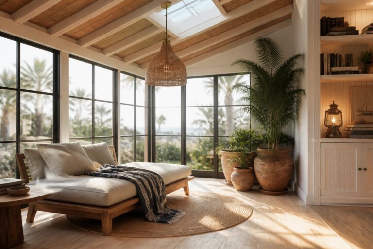 A sunroom interior with a light wood ceiling and beams, large windows, a sofa with pillows, potted plants, and a woven pendant light.