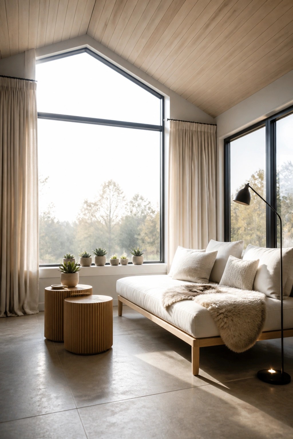 A sunroom interior with a light wood vaulted ceiling, large windows, a white daybed with a fur throw, and small potted plants on the windowsill.