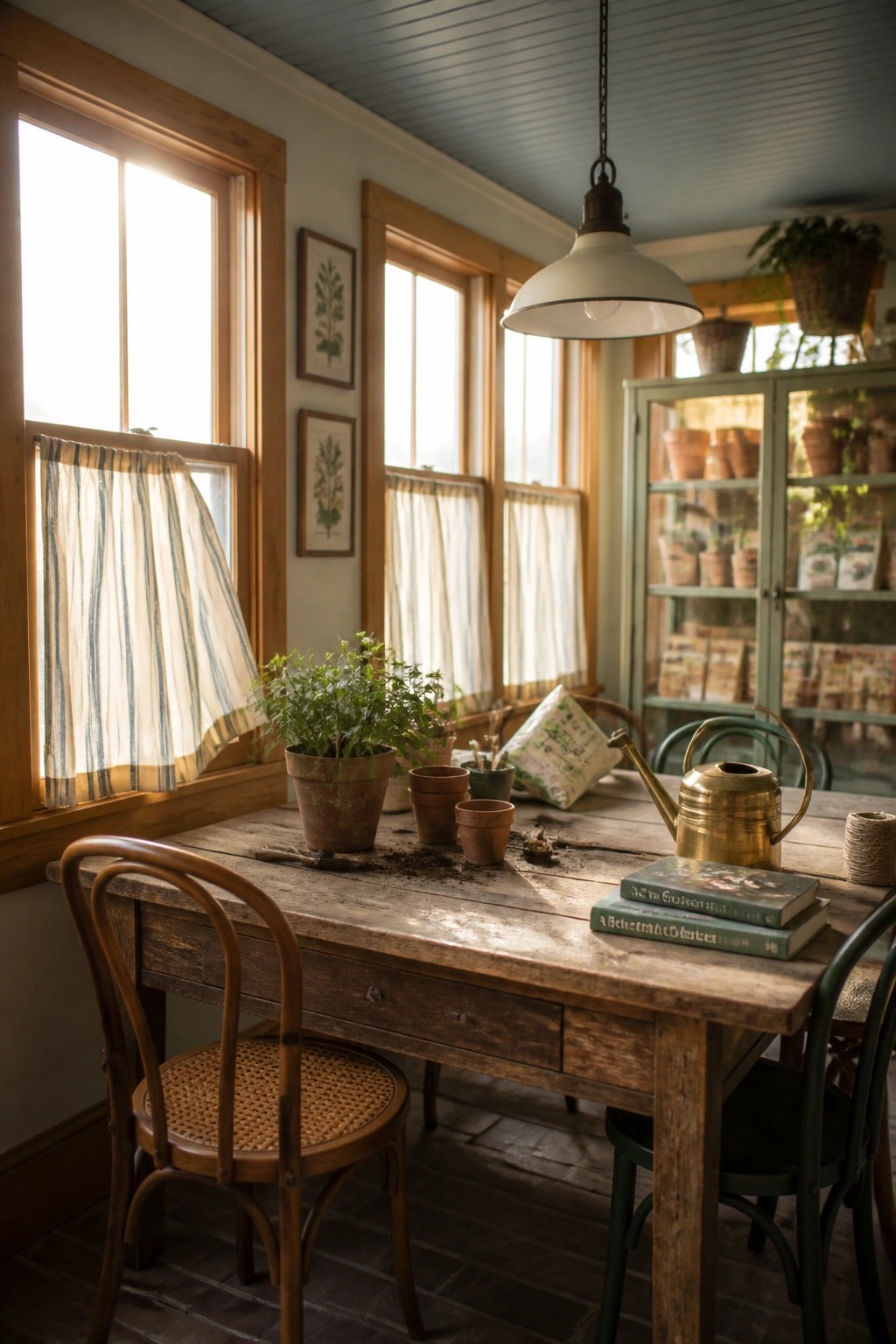 A sunlit room with wooden windows, a rustic table holding potted plants and gardening books, and a painted blue wood ceiling.