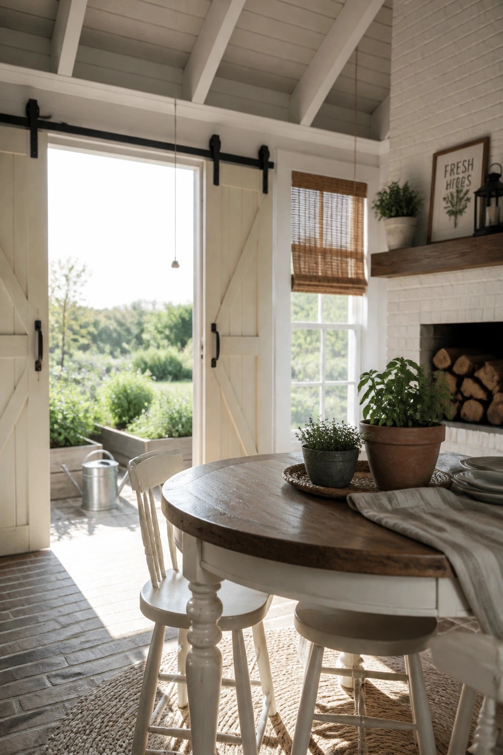 Rustic farmhouse table with herb plants near open barn doors to garden