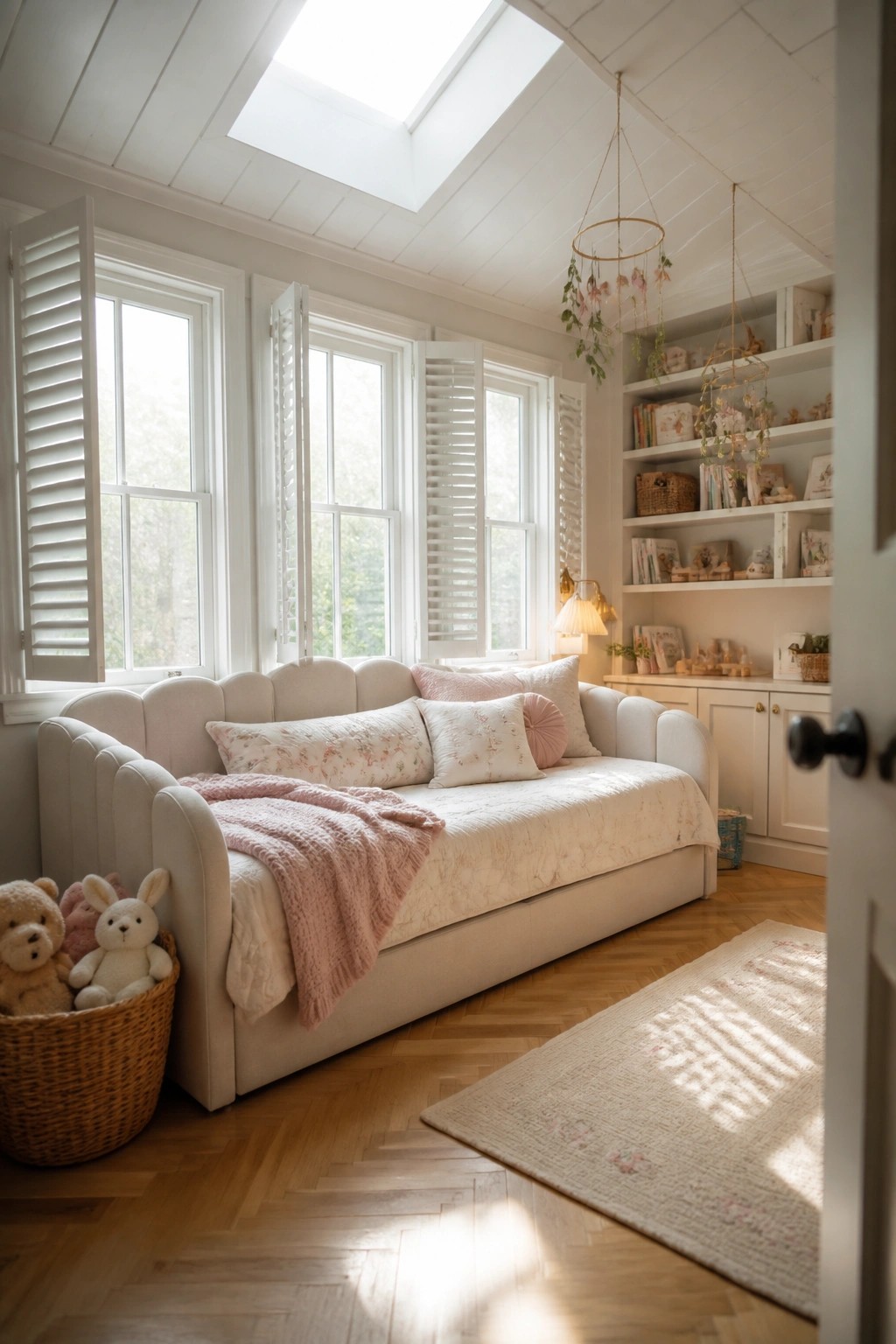 A bright sunroom with white wood plank ceiling, large skylight, daybed with floral and pink pillows, and windows with open white shutters.