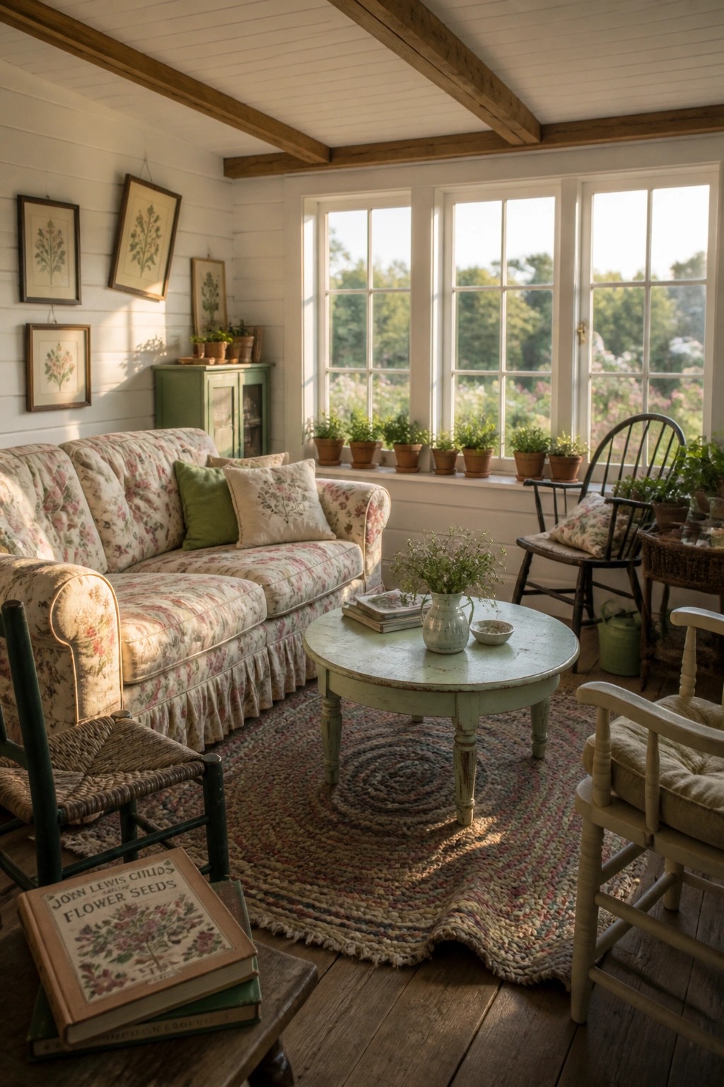 A sunroom with a white plank ceiling crossed by dark wooden beams, a floral sofa, round table, braided rug, and large windows with potted plants.