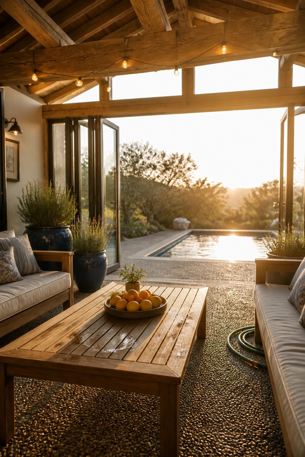 Wooden patio with sofas, orange bowl on table, string lights, overlooking pool at sunset