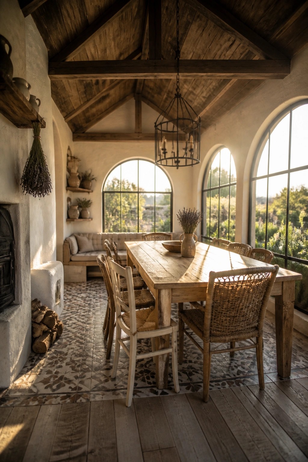 Interior view of a sunroom with vaulted wood ceiling and exposed beams, a long wooden dining table with woven chairs, and large arched windows.