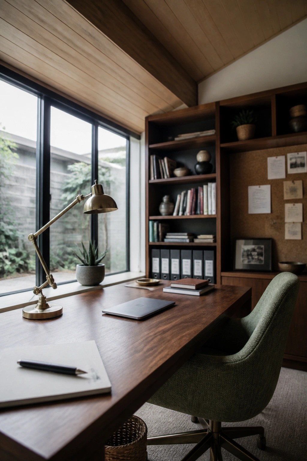 Wooden desk with laptop, brass lamp, green upholstered chair, bookshelves, and window.