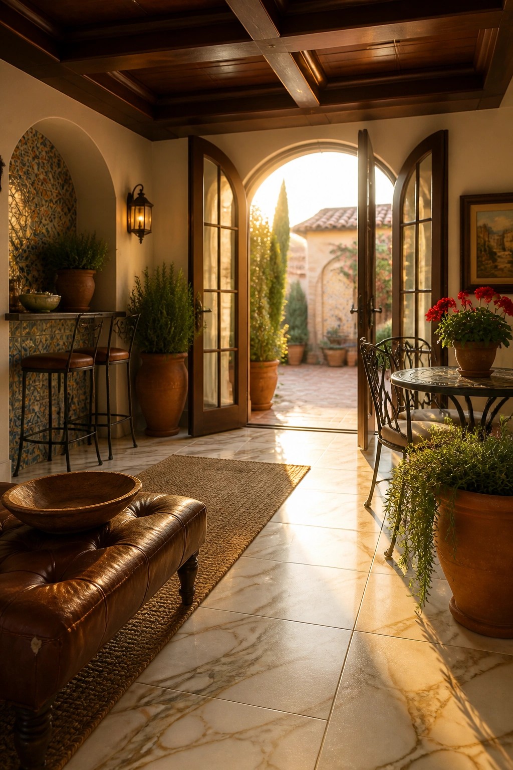 Interior view of a sunroom with a dark wood ceiling, marble tile floor, open arched doors to a courtyard, and potted plants near the doorway.