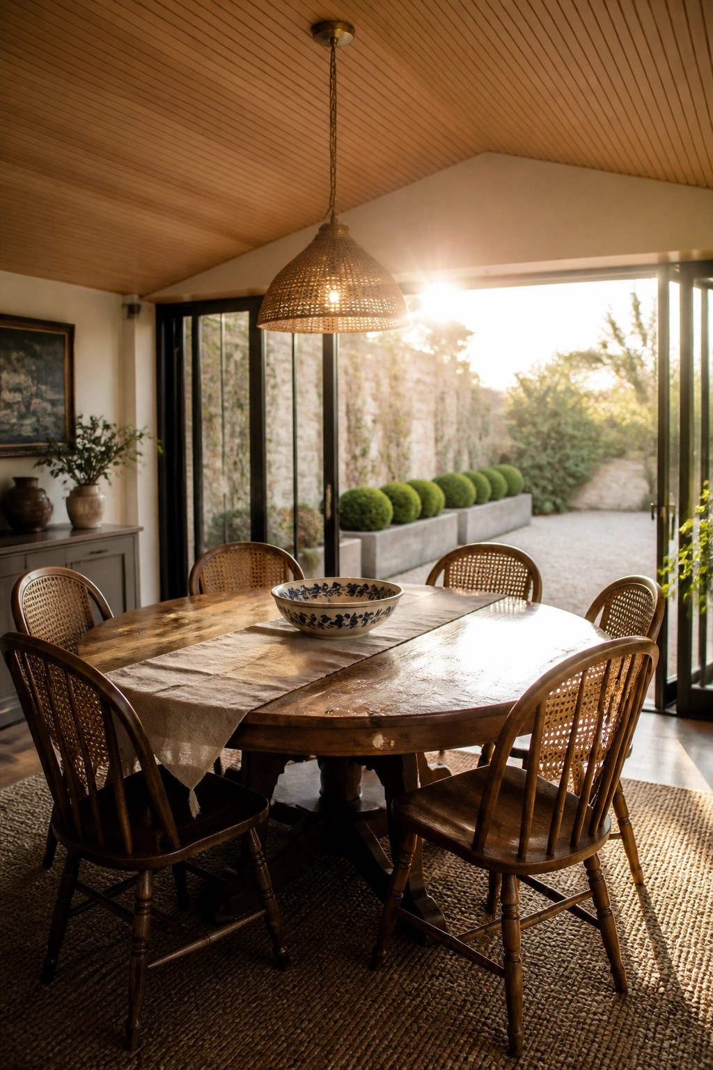 Interior view of a round wooden dining table with cane-back chairs under a slatted wood ceiling, with large glass doors open to an outdoor garden area.