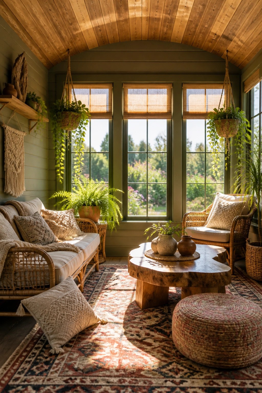 A sunroom interior with an arched wood ceiling, large windows, wicker seating, hanging plants, and a wooden coffee table on a patterned rug.