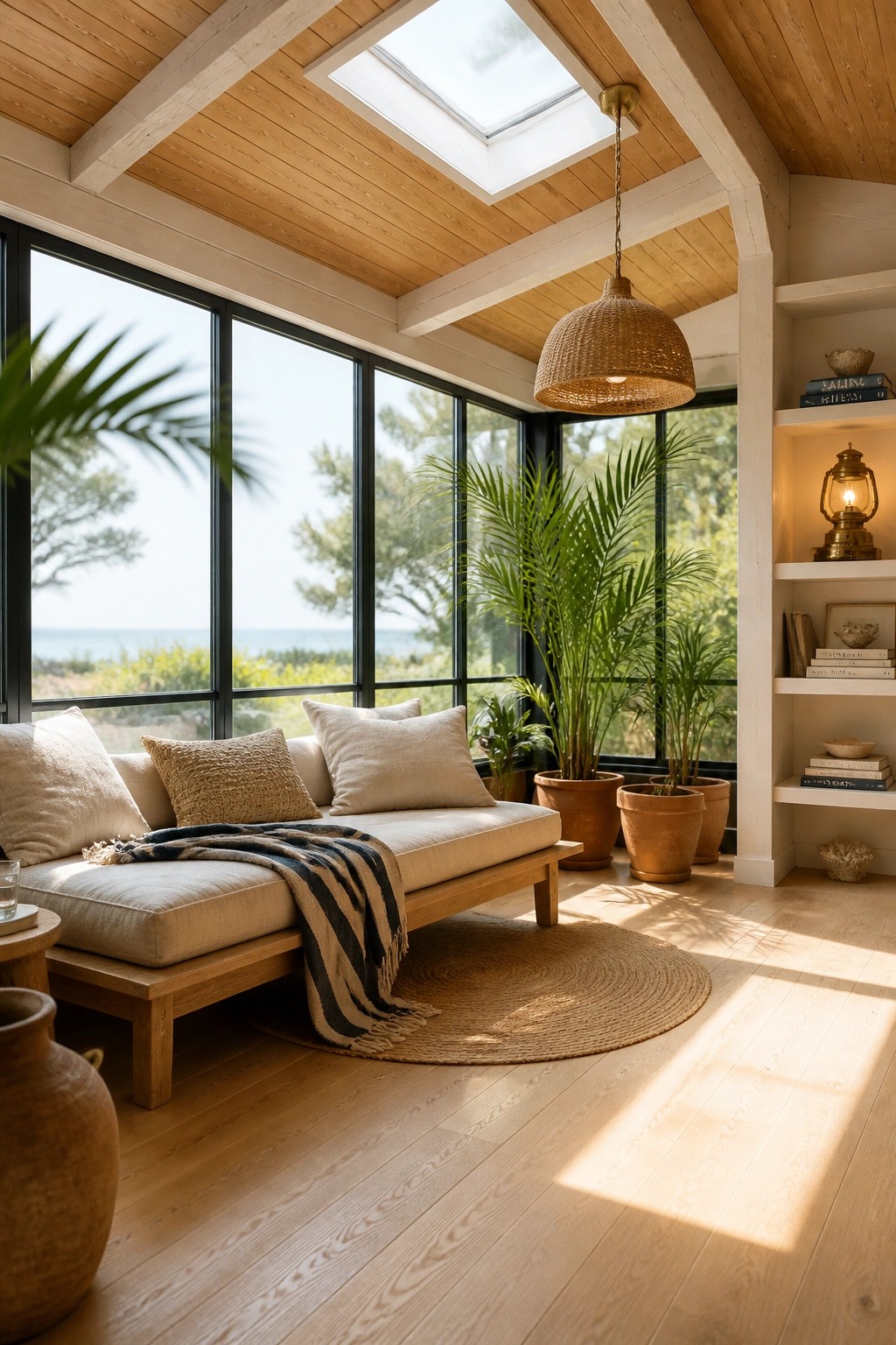 A sunroom interior with a light wood ceiling and beams, large windows, a sofa with pillows, potted plants, and a woven pendant light.