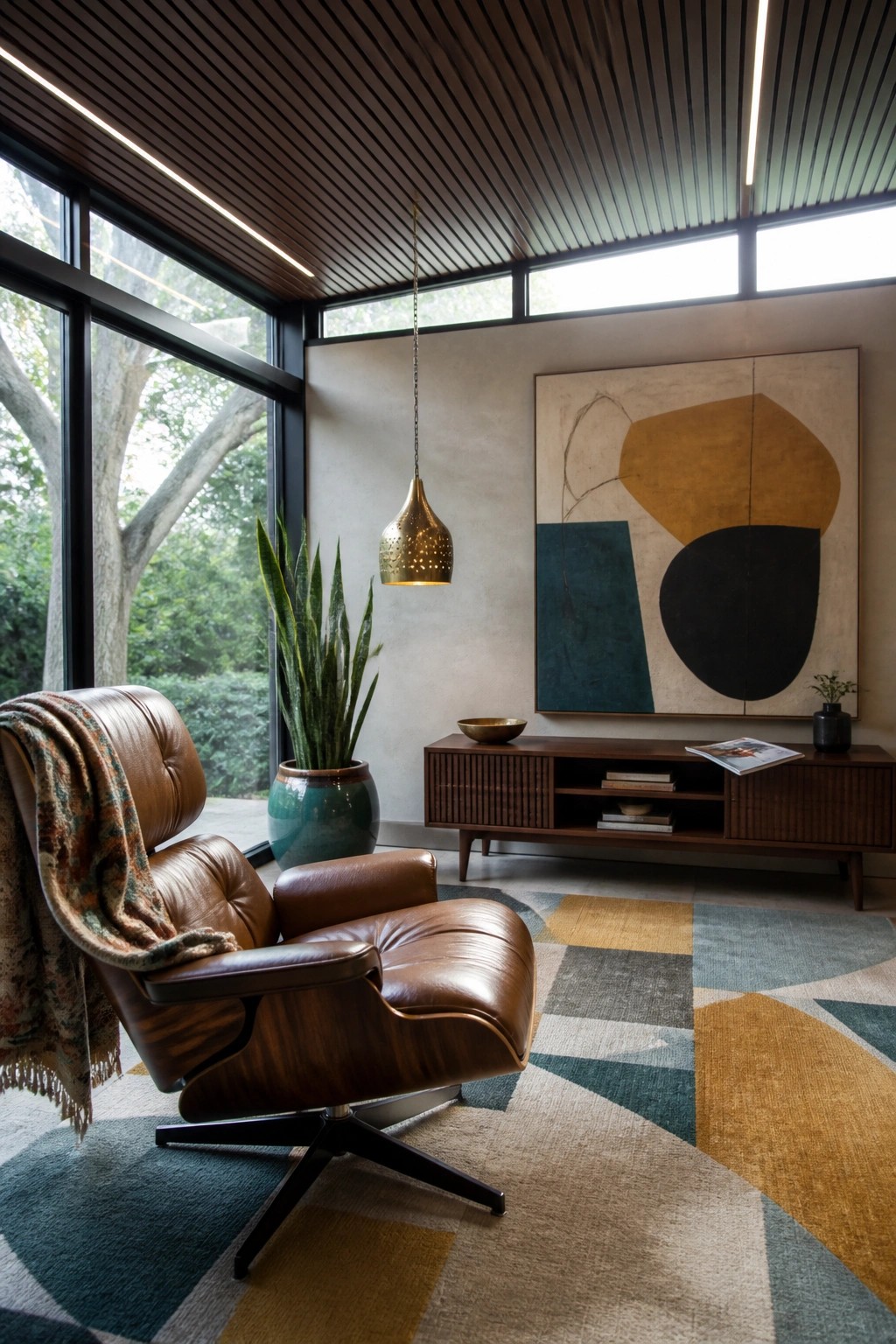 A sunroom with a dark wood slat ceiling, integrated linear lights, large windows, a brown leather lounge chair, and a colorful geometric rug.