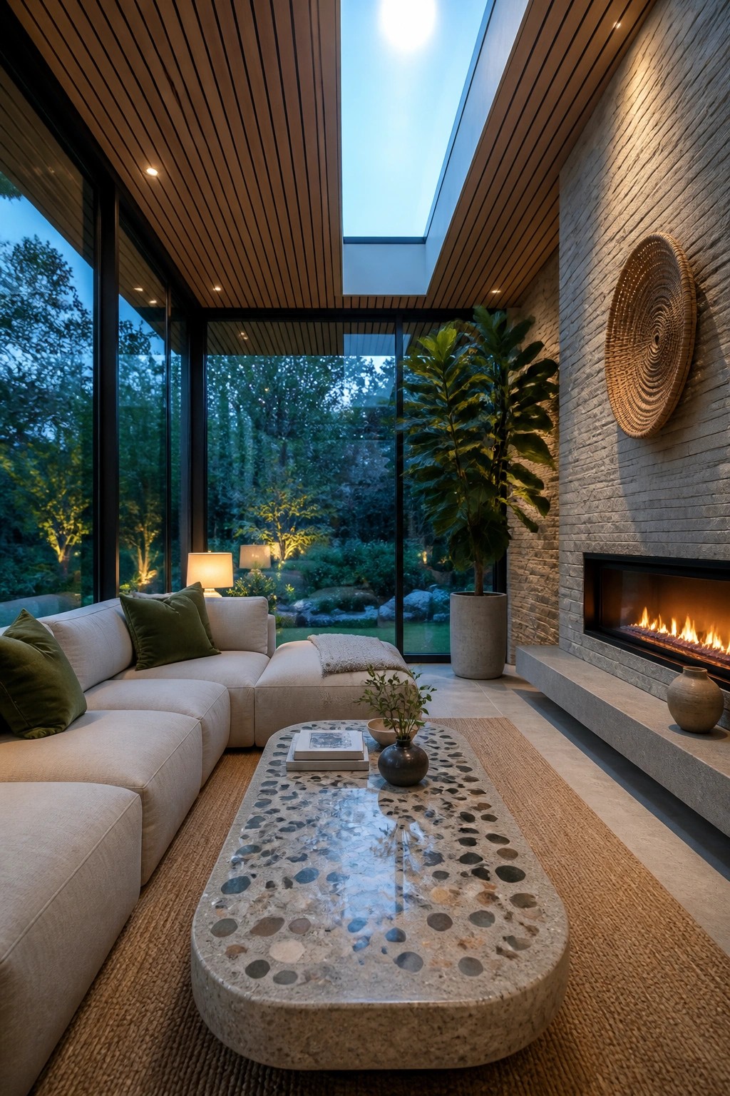 Interior view of a sunroom with wood slat ceiling, large central skylight, beige sectional sofa, pebble coffee table, and stone fireplace wall.