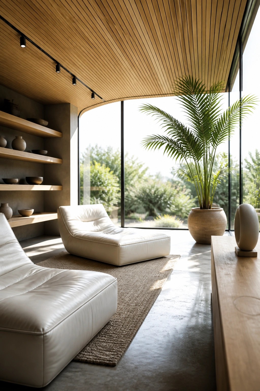 Interior view of a sunroom with a curved wood slat ceiling, two white lounge chairs on a woven rug, built-in wood shelves with pottery, and a large potted palm near tall glass windows.