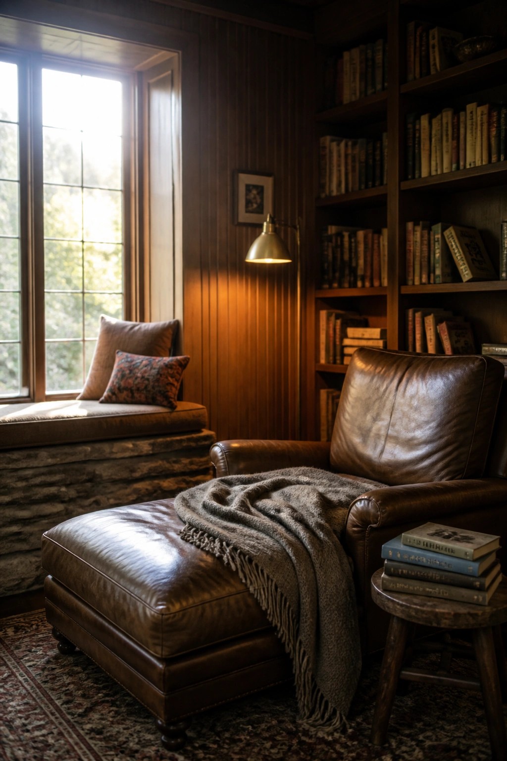 A brown leather armchair with an ottoman covered by a gray throw sits next to a window seat with a stone base, wood panel walls, and built-in bookshelves.