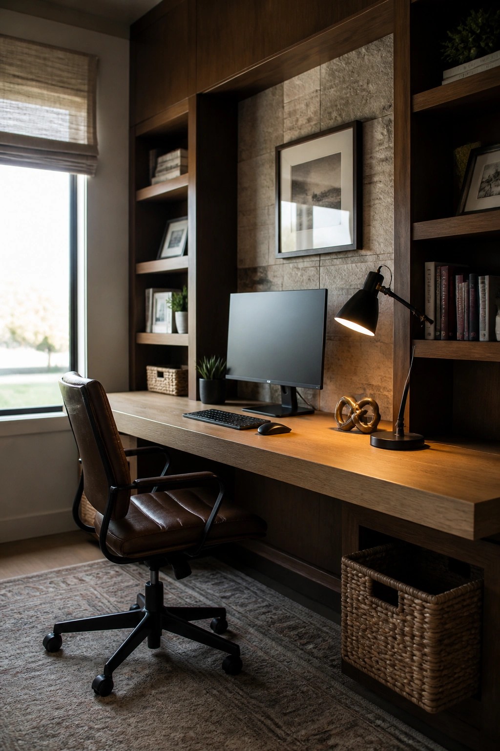 A home office featuring a long wooden built-in desk and open shelving against a textured stone wall, with a brown leather office chair, computer monitor, and woven baskets on the floor.