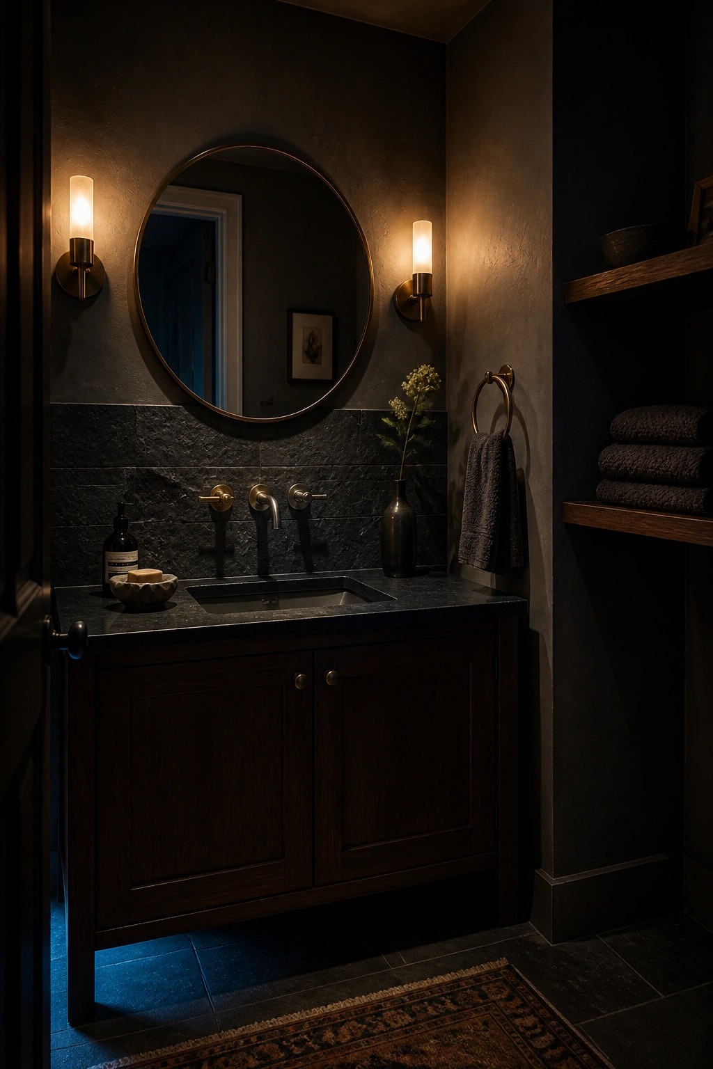 A dimly lit bathroom featuring a dark wood vanity with a dark stone countertop and backsplash, a round mirror above, and two wall sconces.