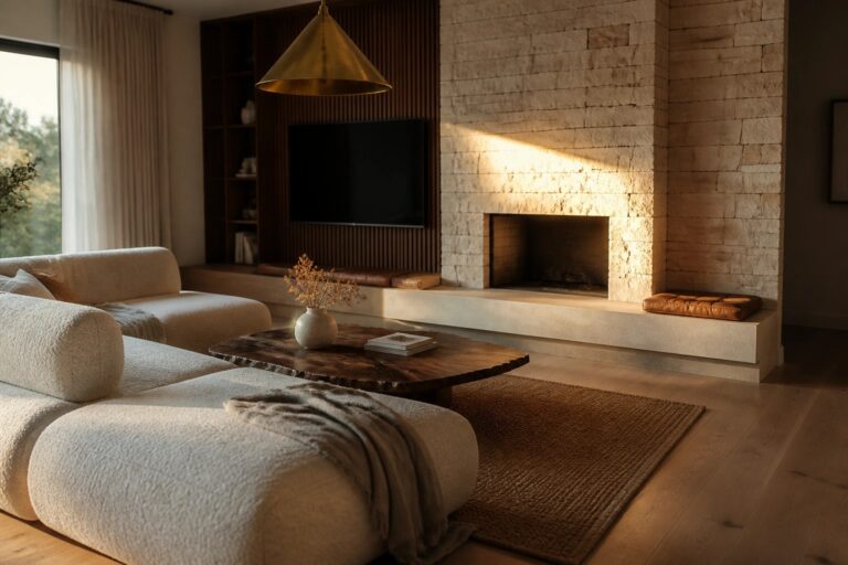 A living room with a large light-colored stone fireplace, built-in cushioned seating along the hearth, wood paneling behind the television, and a wooden coffee table in front of a beige sofa.