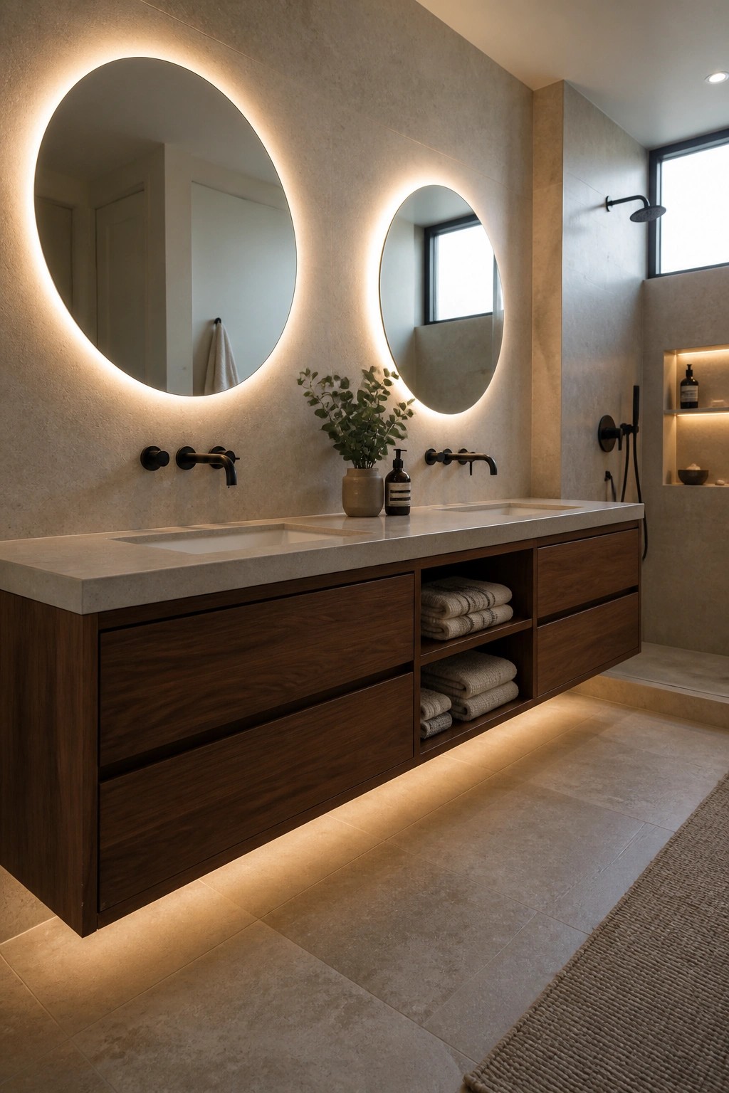 Modern double vanity with backlit round mirrors, wooden drawers, and folded towels.