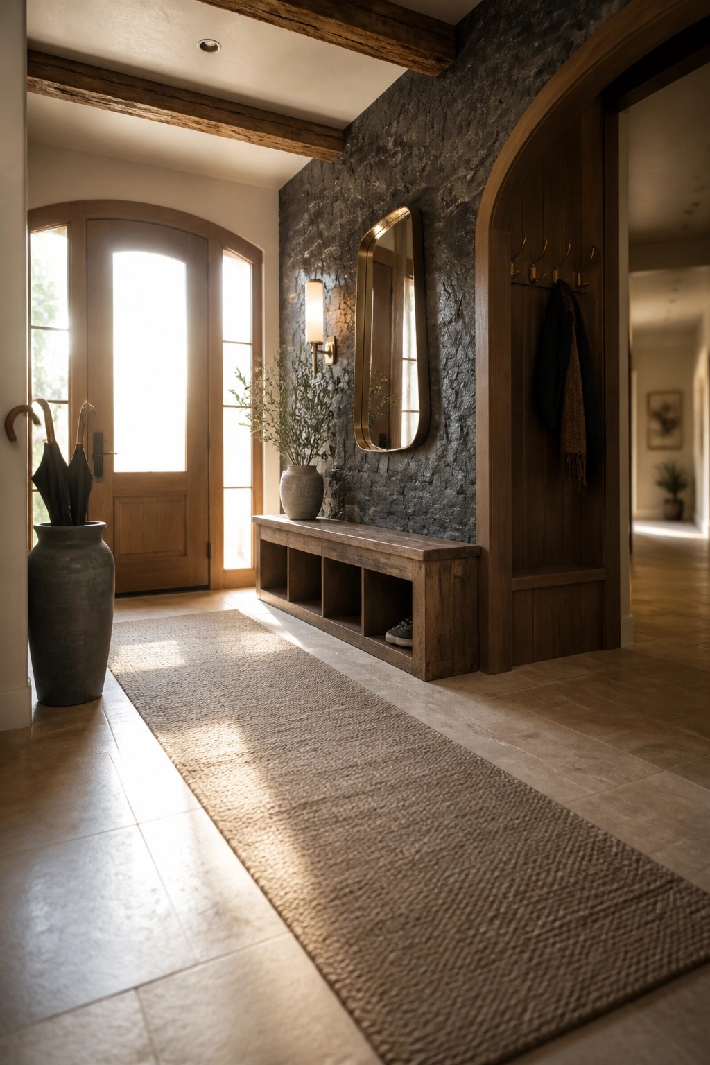 A home entryway with a dark stone accent wall, wooden bench with cubbies, gold-framed mirror, and arched wooden doors flanking a woven runner.