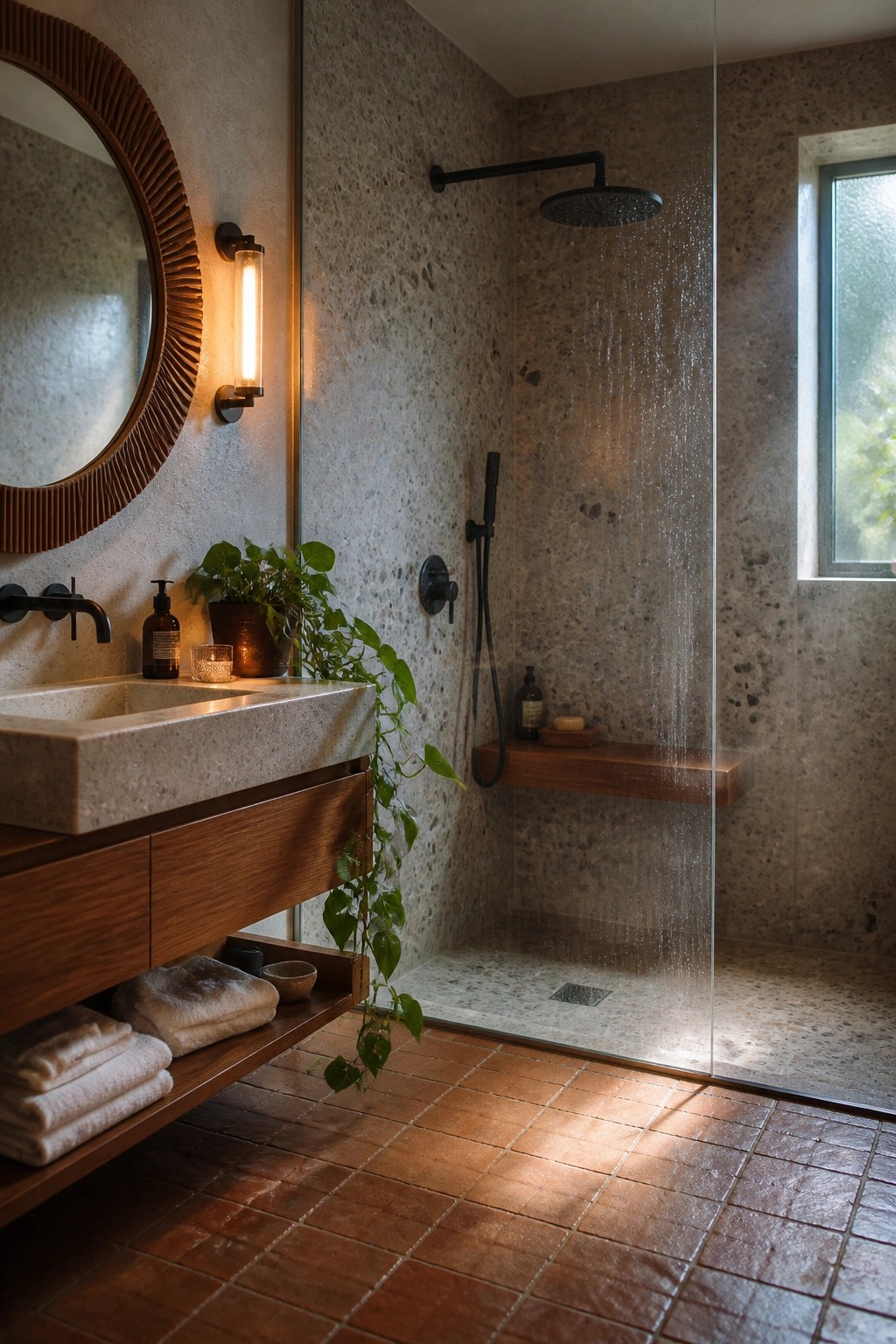 A bathroom with stone walls and floor, a wooden vanity, floating wooden shelf in the shower, round wooden mirror, and black fixtures.