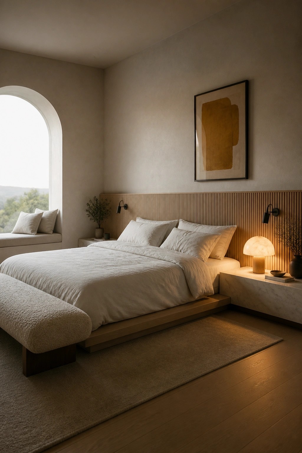 A bedroom featuring a low wooden platform bed with white bedding, a slatted wood headboard, and marble nightstands on either side.