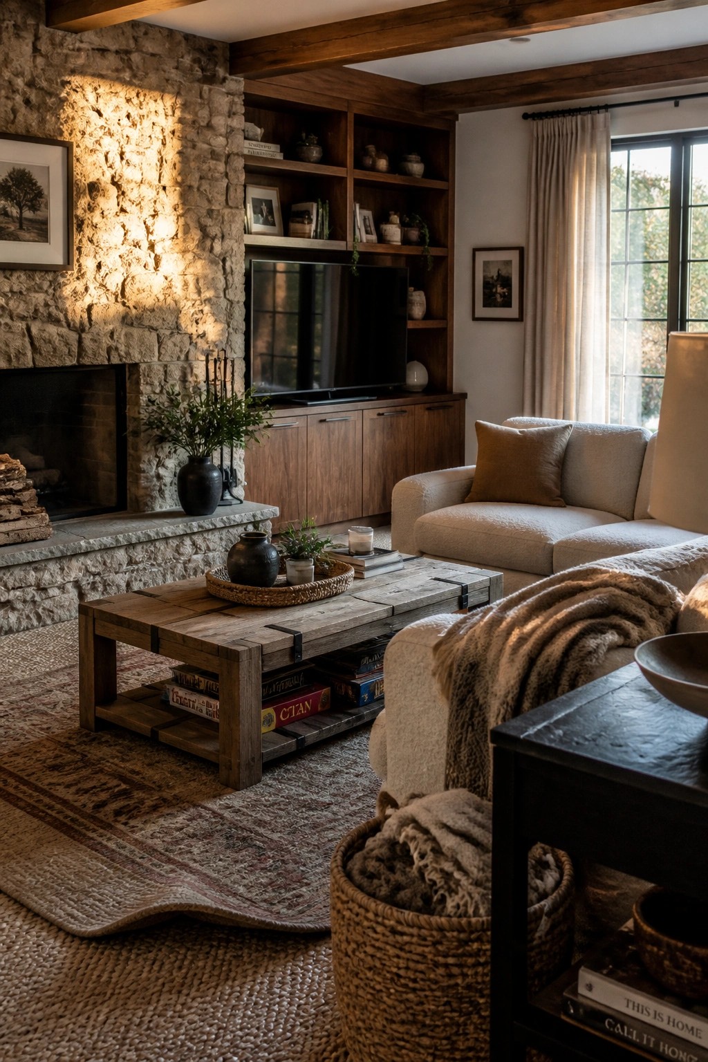 A living room with a stone fireplace wall, wooden built-in cabinetry holding a television, a light sofa, and a rustic wooden coffee table on a patterned rug.