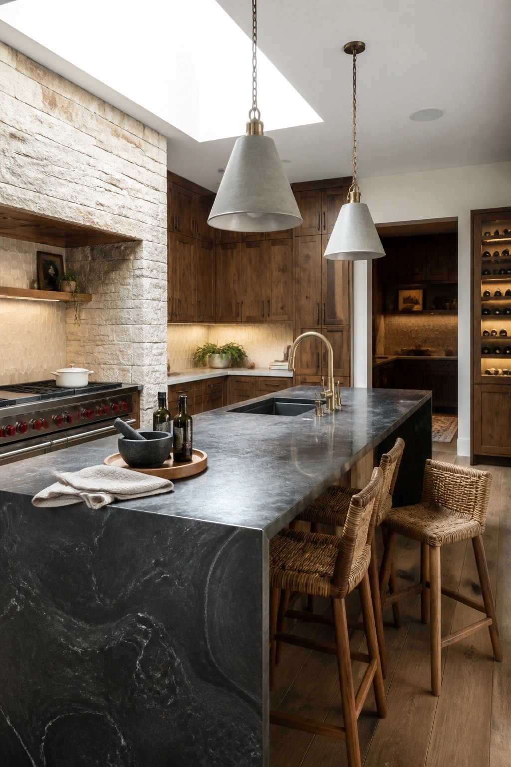 A kitchen interior featuring a large dark stone island, wooden cabinets, woven bar stools, and a light stone accent wall.