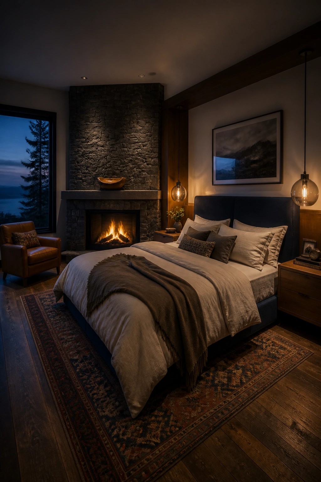 A bedroom with a large stone fireplace, a bed with neutral linens and a brown throw, wooden nightstands, a leather chair, and a window showing trees at dusk.