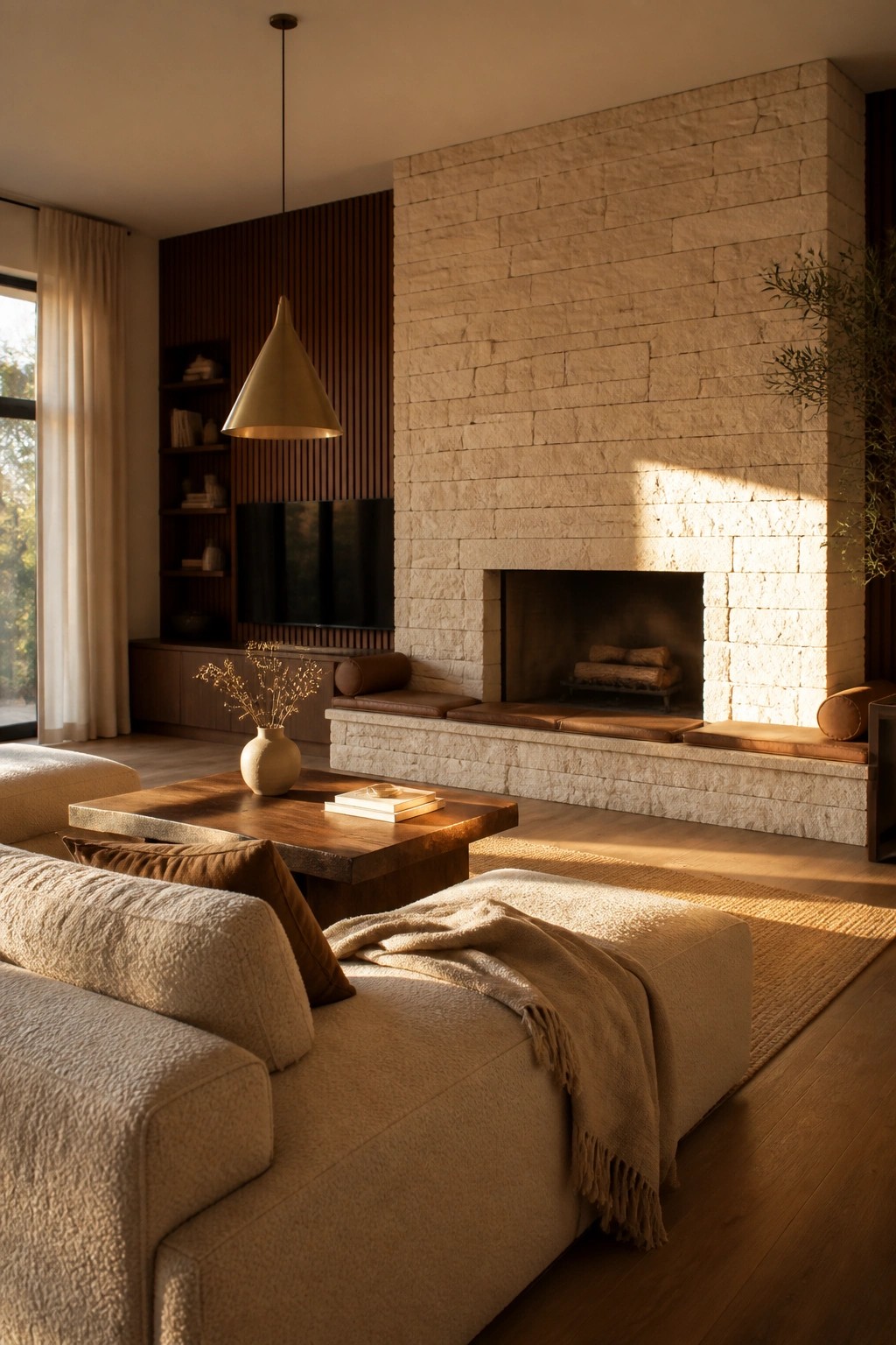 A living room with a large light-colored stone fireplace, built-in cushioned seating along the hearth, wood paneling behind the television, and a wooden coffee table in front of a beige sofa.