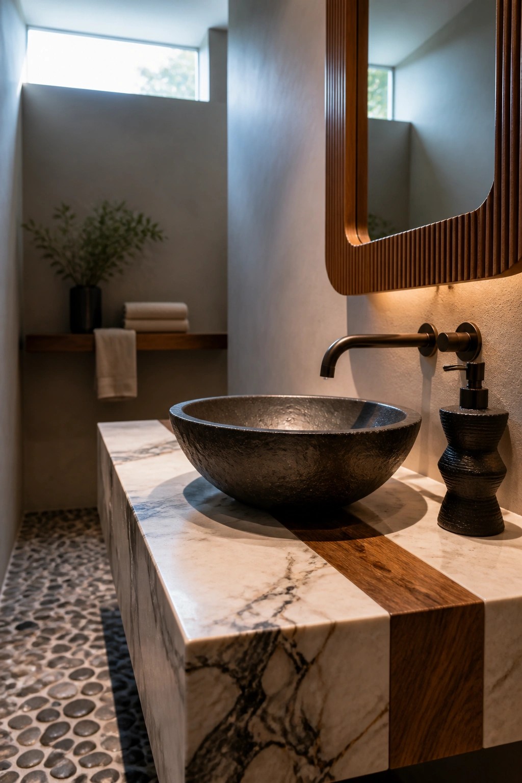 A bathroom vanity features a dark stone vessel sink on a white marble countertop with a wood inlay, next to a black soap dispenser and under a wood-framed mirror.