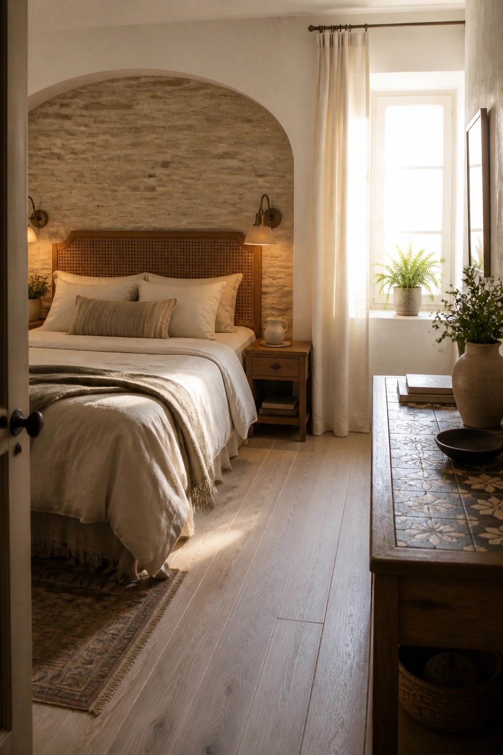 A bedroom with a wooden bed and white bedding set against an arched stone wall, a wooden nightstand beside it, and a window with white curtains on the right side.