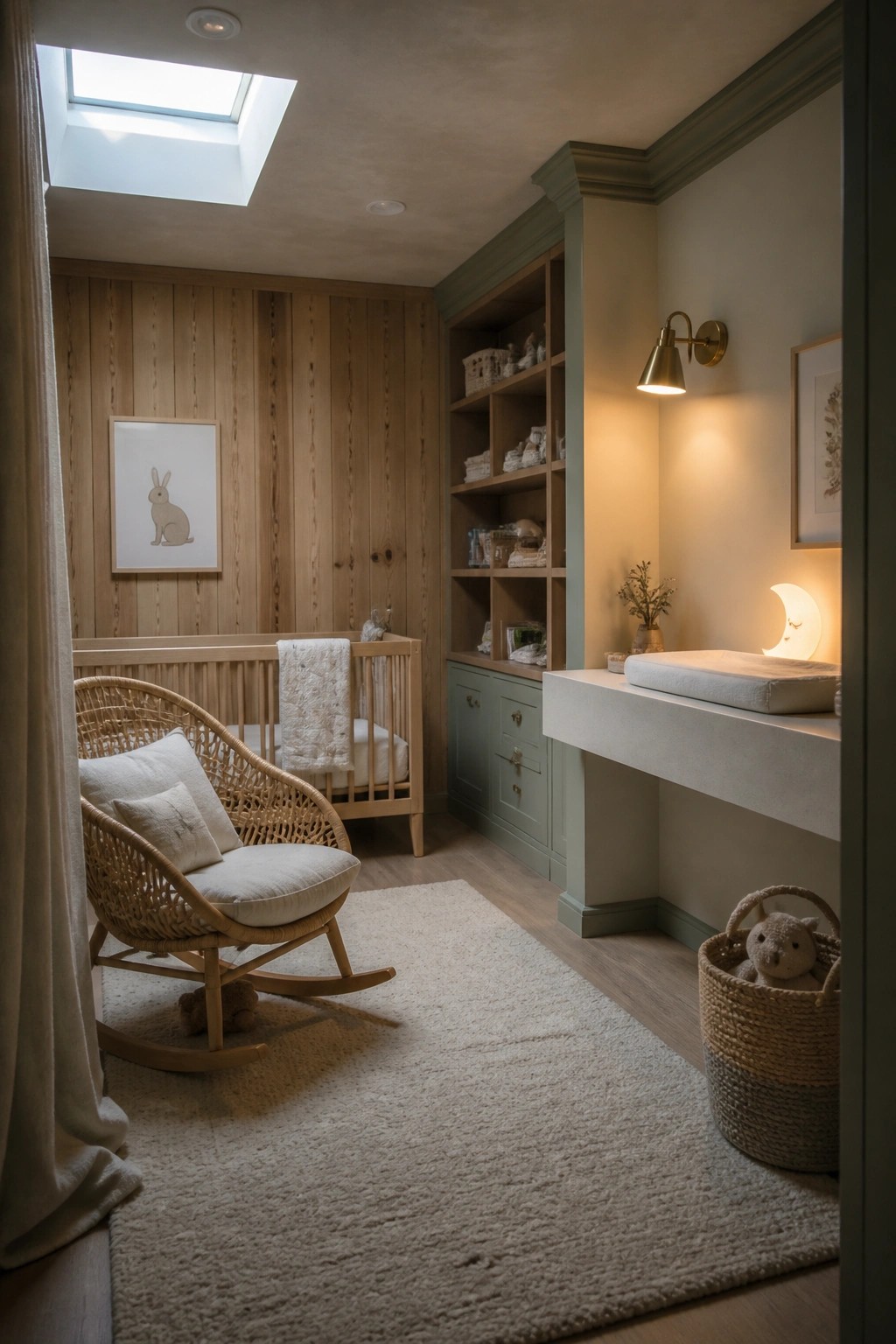 A nursery interior with vertical wood paneling, a wooden crib, built-in sage green shelves, a wicker rocking chair on a white rug, and a wall-mounted changing table under a skylight.