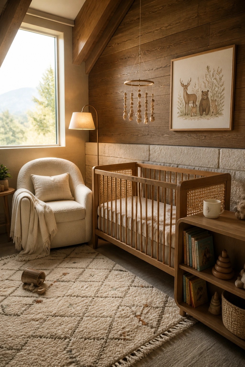 A wooden crib with cane panels stands against a stone accent wall in a nursery, with a wooden mobile overhead and a white armchair near a large window.