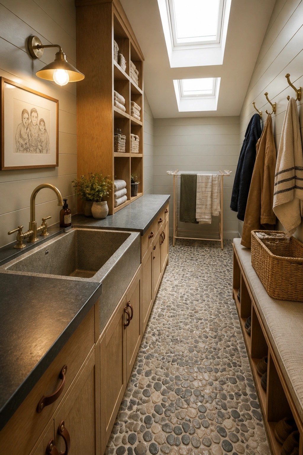 A narrow laundry room featuring light wood cabinets, a dark stone sink and countertop, open shelving with towels, a pebble stone floor, and two skylights above.