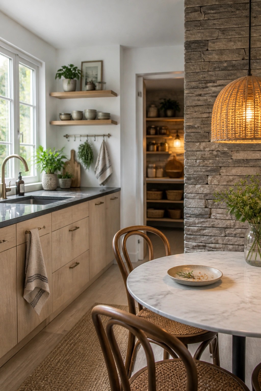 A bright kitchen with light wood cabinets, dark stone countertops, a stacked stone accent wall, and a round marble dining table surrounded by wooden chairs.