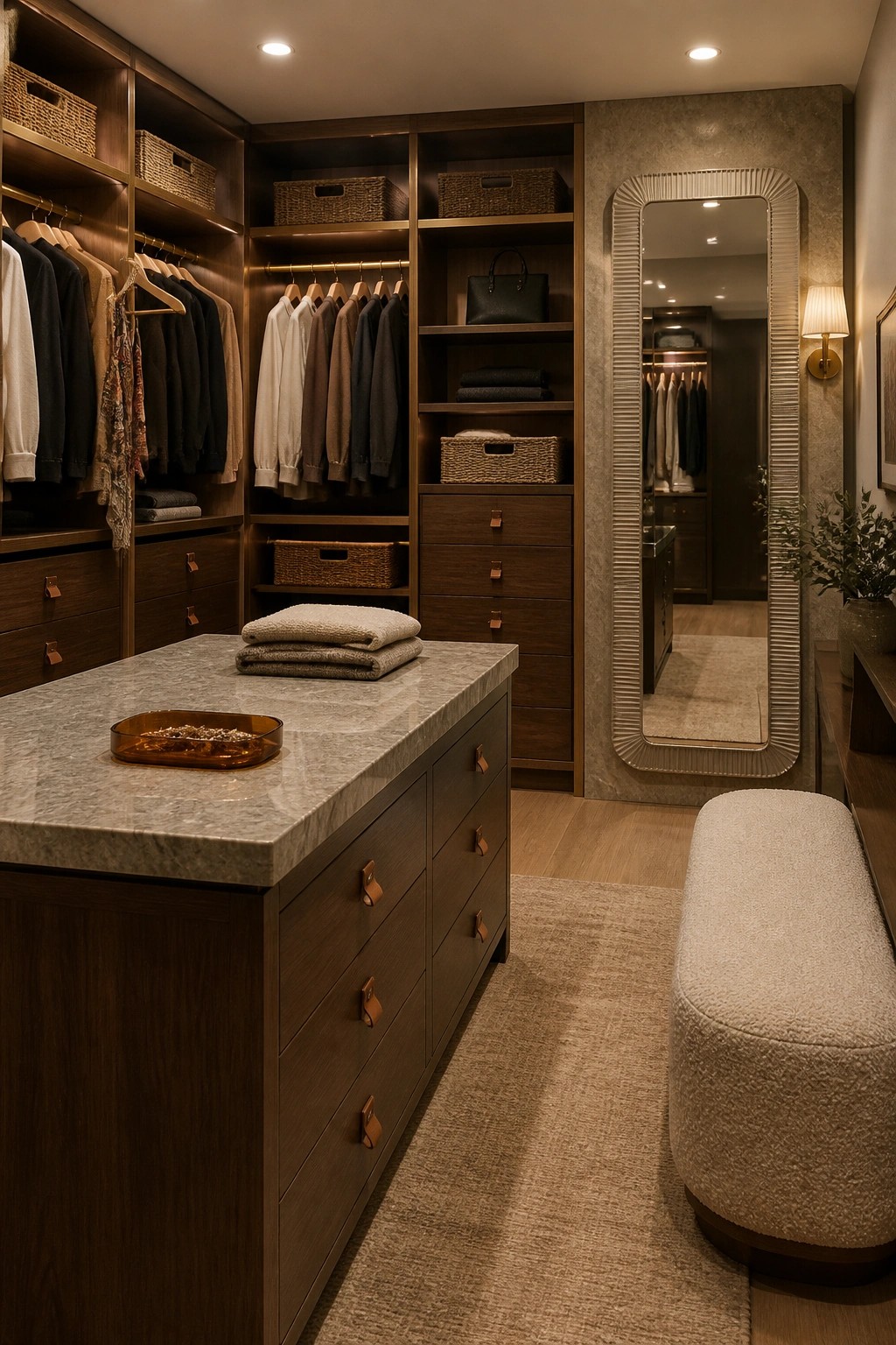 A walk-in closet with dark wood cabinetry, a central island topped with gray stone, and a tall textured mirror on the right wall.
