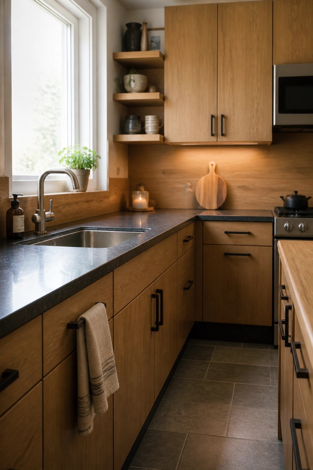 Modern kitchen with light wood cabinets, dark countertops, sink, and floating shelves.