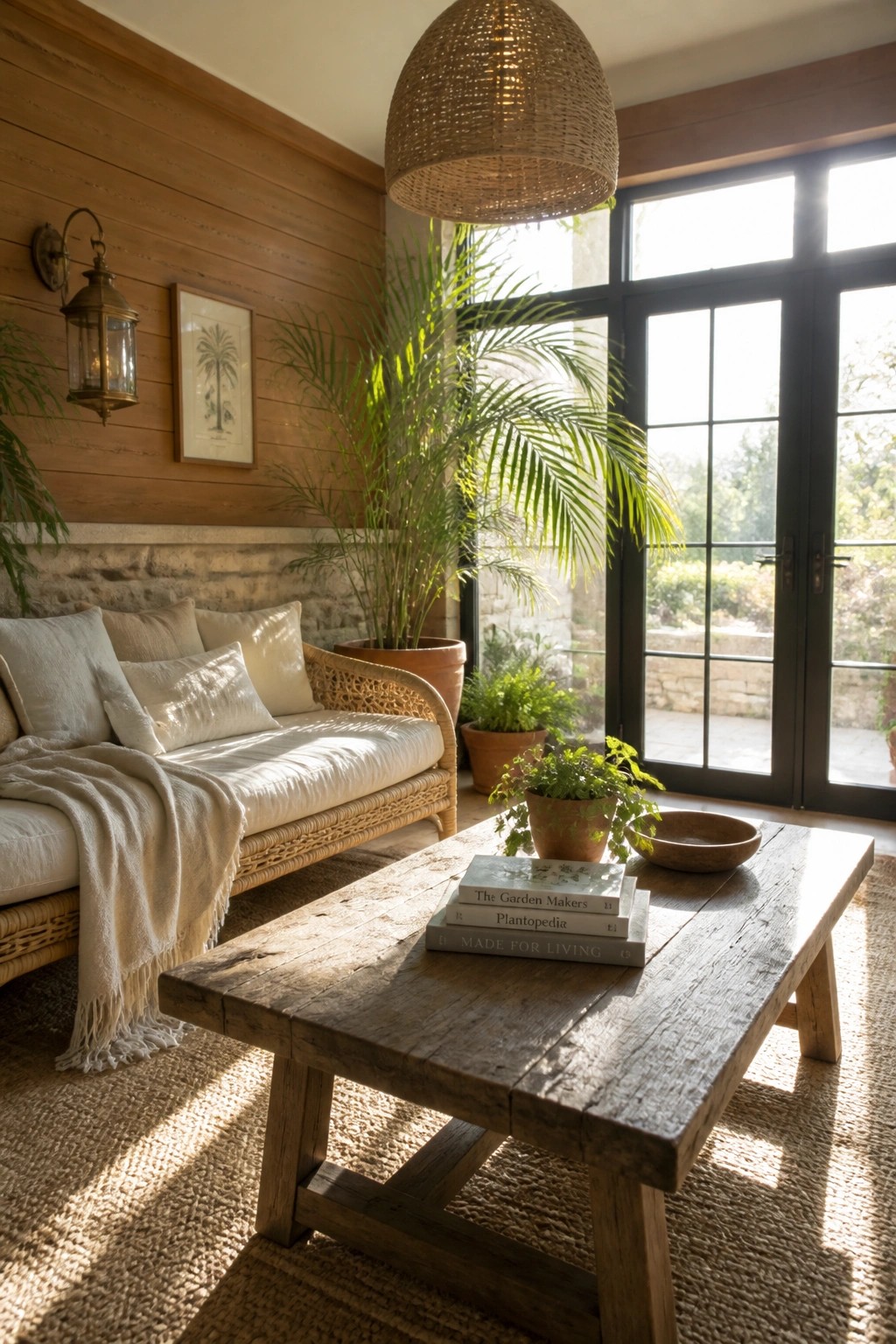 A sunlit living room with a wicker sofa against a stone and wood wall, a rustic wooden coffee table, potted plants, and large glass doors.