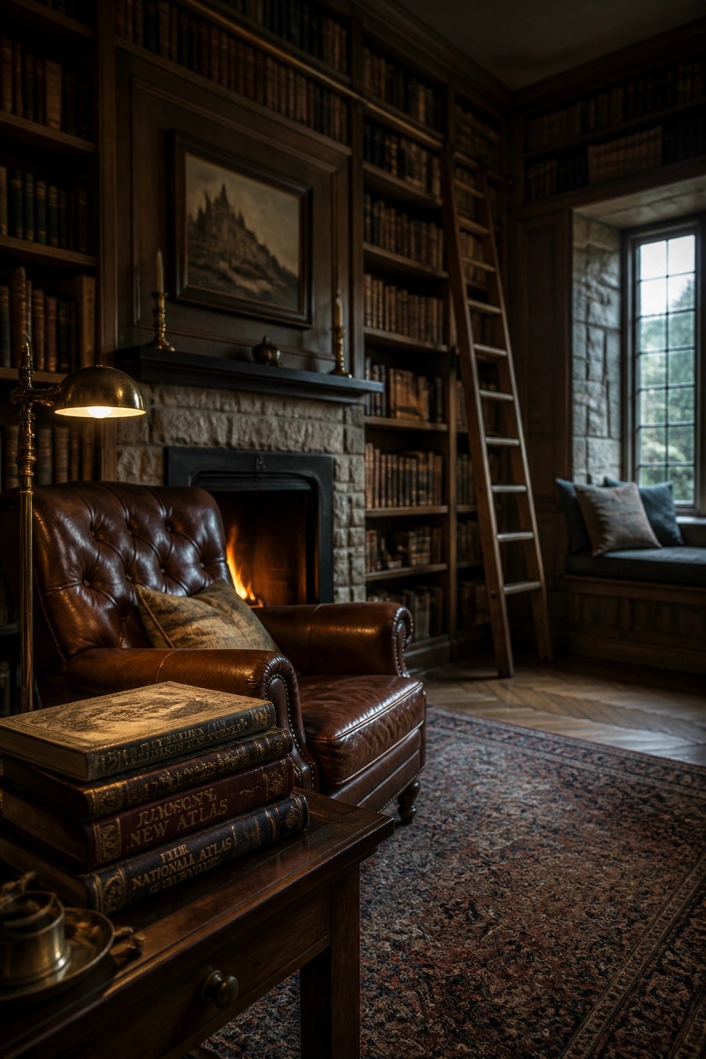 Interior view of a library room with dark wood built-in bookshelves, a stone fireplace with a lit fire, a brown leather armchair, and a wooden table holding stacked books in the foreground.
