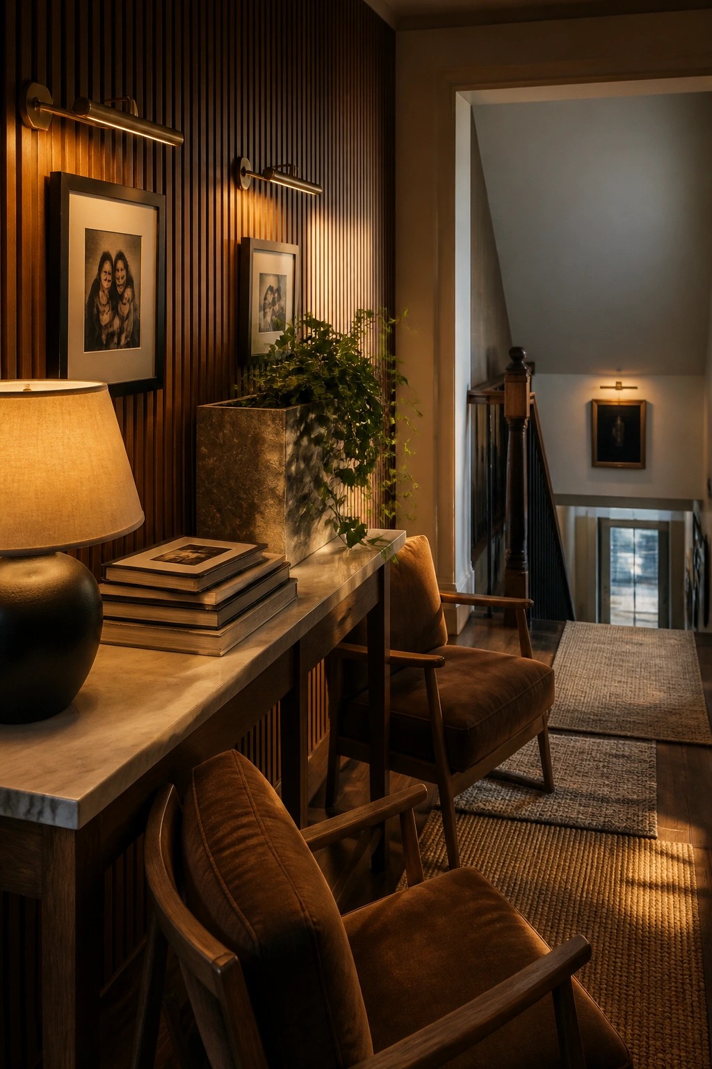 A hallway featuring a marble-topped wooden console table against vertical wood slat walls, with two brown upholstered chairs, framed photos, wall sconces, and a tall potted plant.