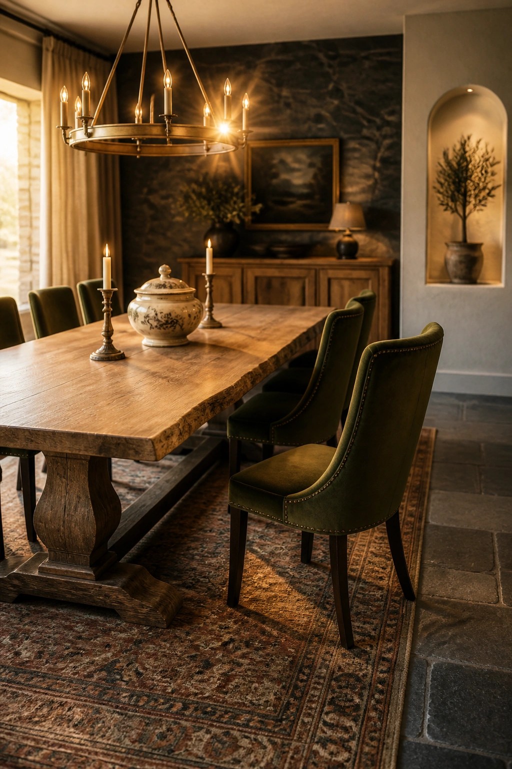A wooden dining table with green velvet chairs on a patterned rug in front of a dark stone wall, lit by a chandelier.