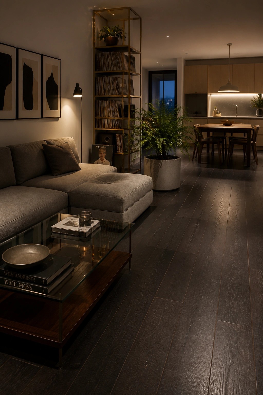 A modern open-concept living room with gray sectional sofa, glass coffee table, and dark wood flooring extending into a kitchen and dining area.