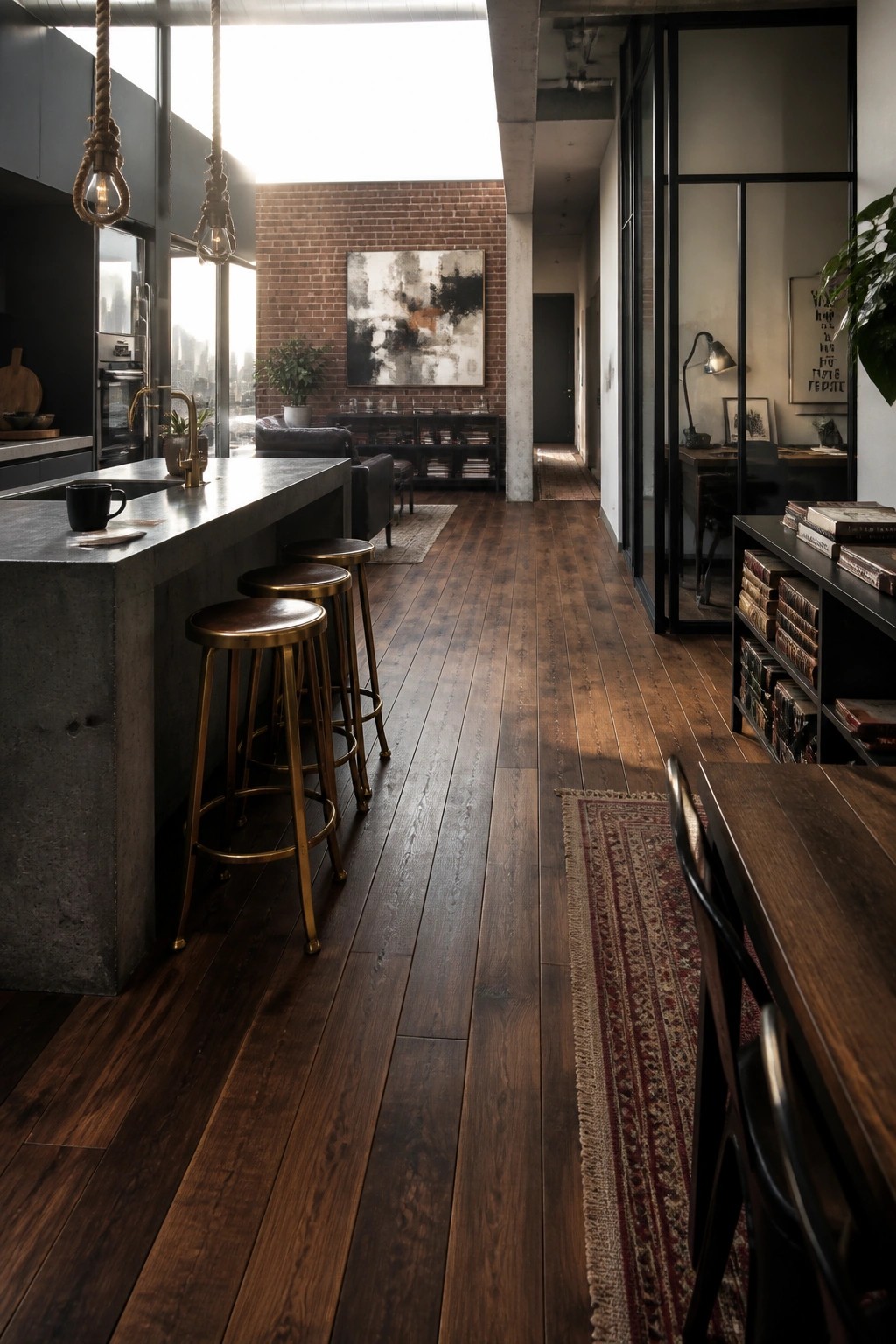 A modern open-concept kitchen and living space with dark wood flooring running continuously from the concrete kitchen island with brass stools through to a living area with a brick wall and large windows.