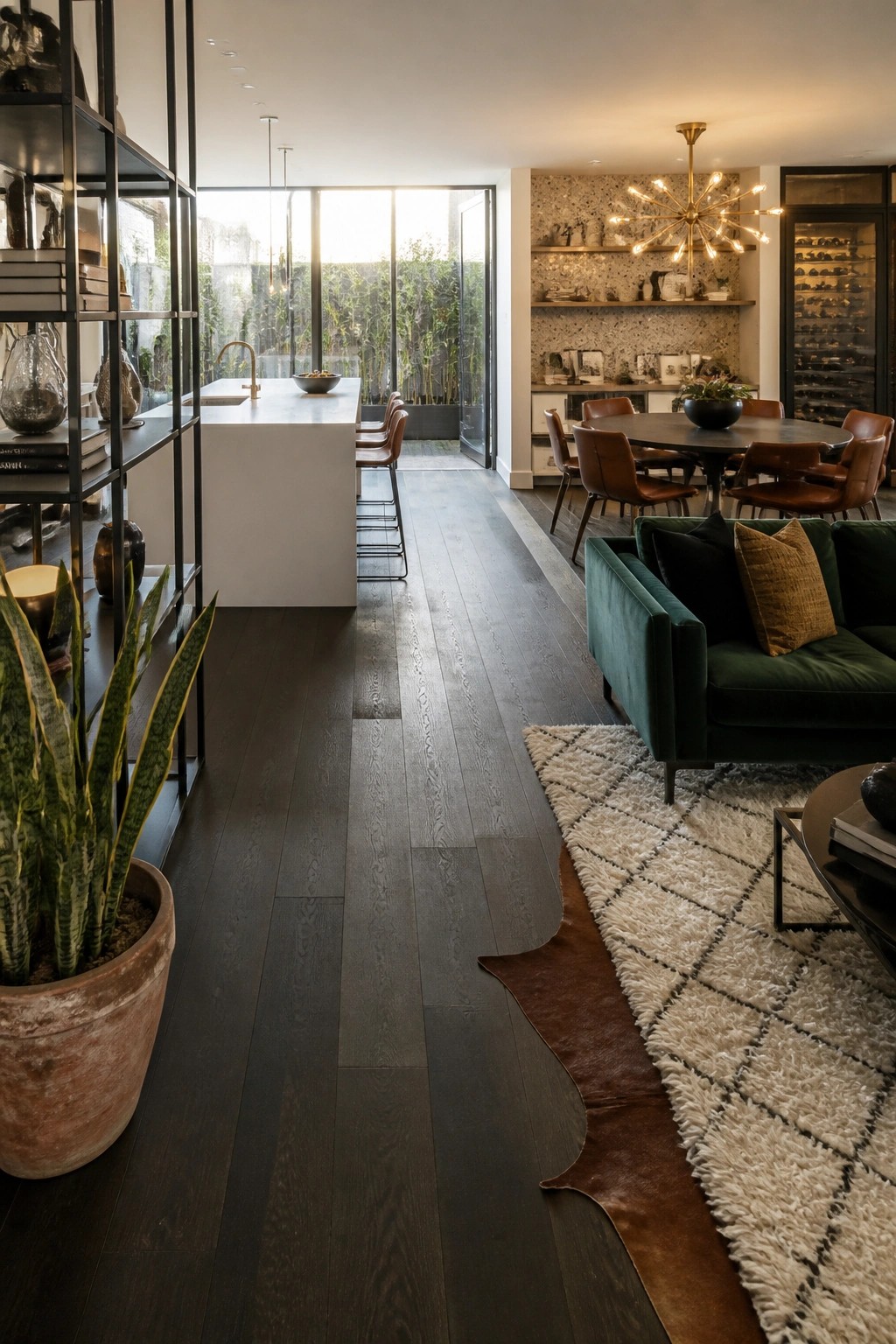 Modern open-plan interior with kitchen island, green velvet sofa, and dining area.